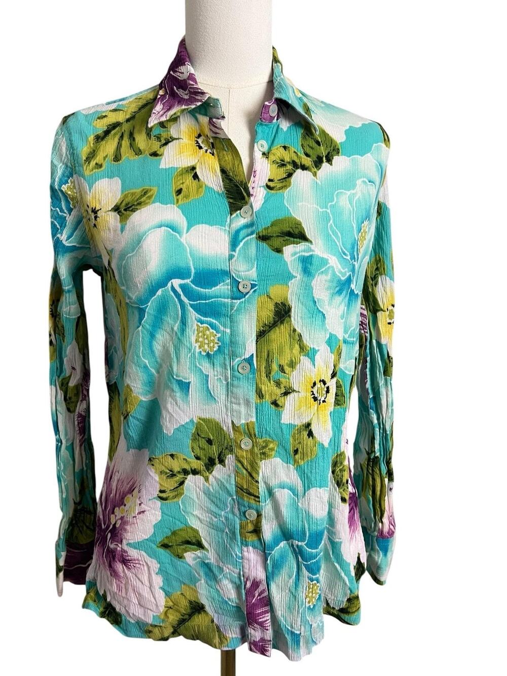 Jones New York Signature Blouse Womens M Multicolor Floral Crinkle Button Up Top